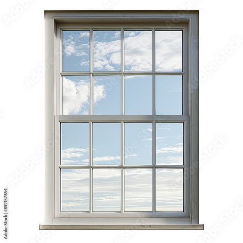 Isolated Window Frame with Glass Panes and Sky Reflection.