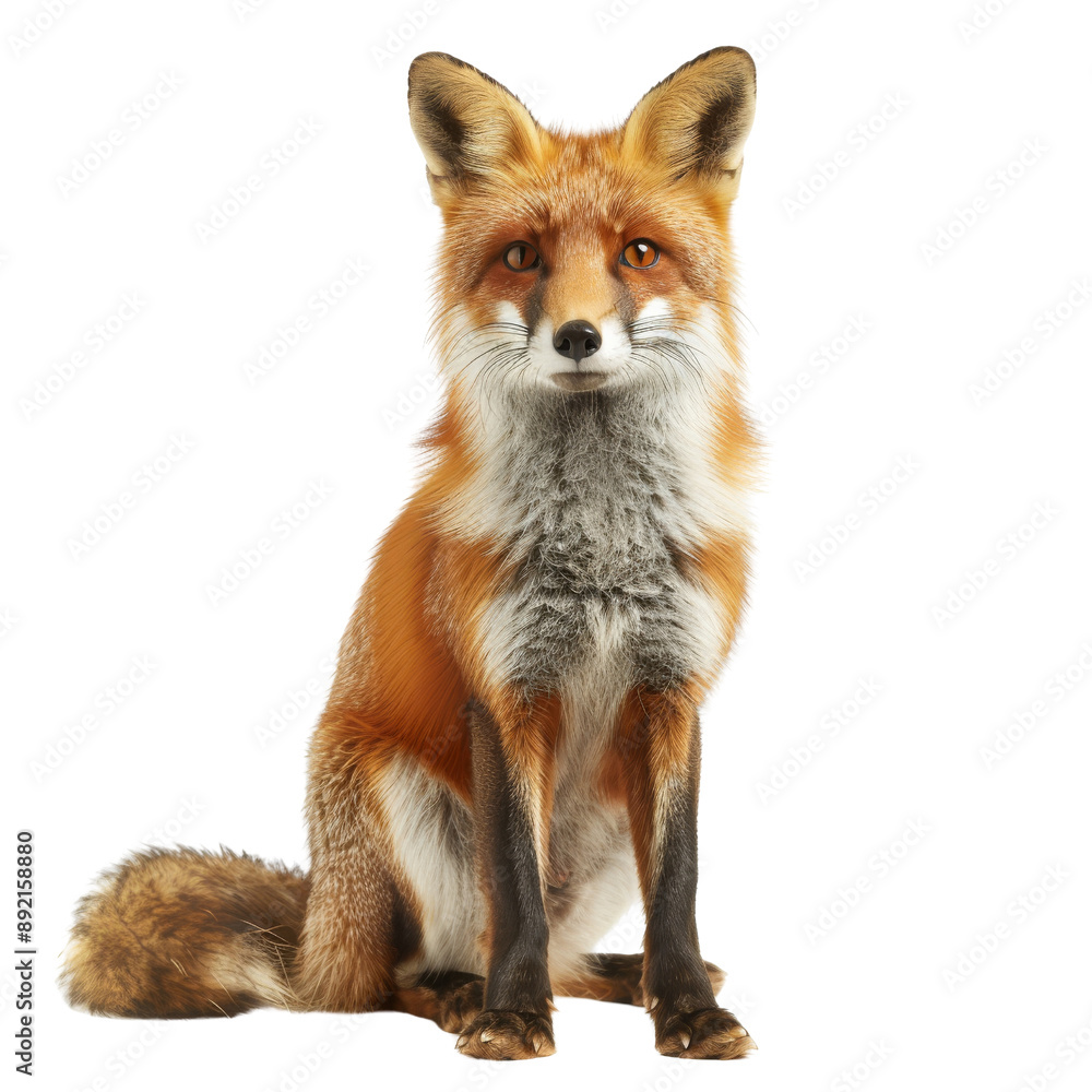 Fototapeta premium Isolated Red Fox Sitting Upright with Detailed Fur Texture.