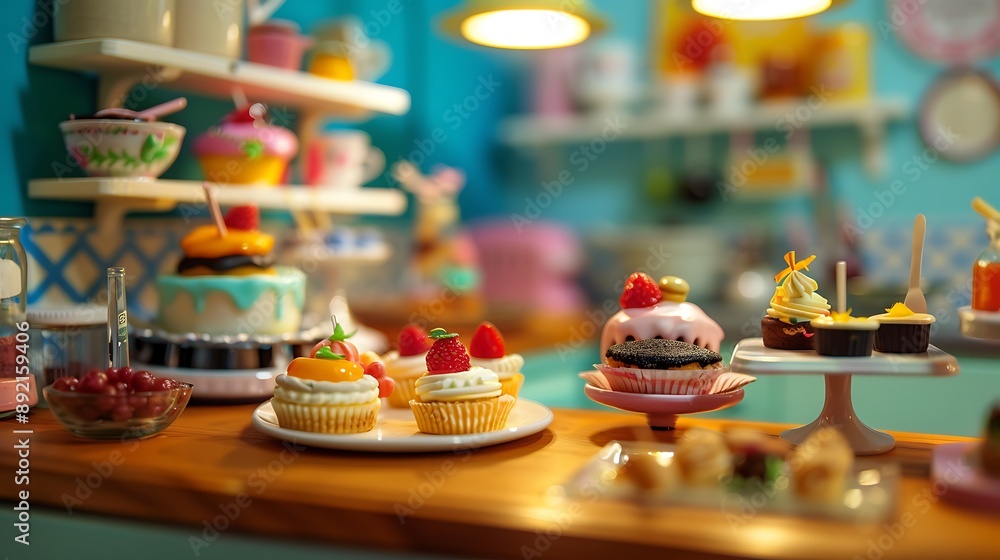 Miniature kitchen with small desserts on the table Miniature kitchen with small desserts on the table