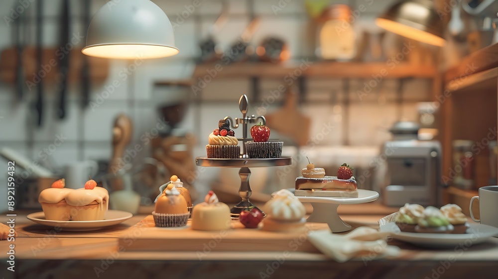 Miniature kitchen with small desserts on the table Miniature kitchen with small desserts on the table