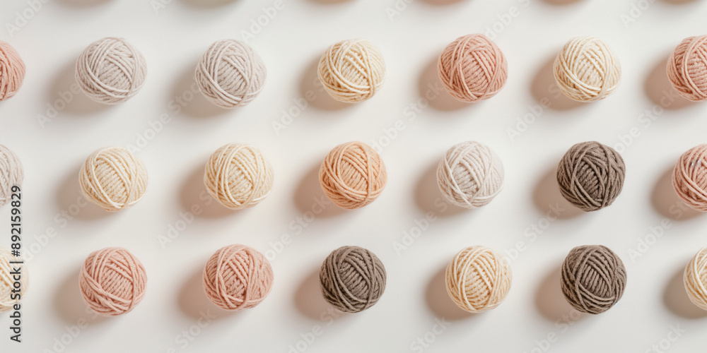 A background of pastel-colored hemp yarn balls, each with its shadow, scattered across the canvas in an elegant display, with soft shadows on a white background A background of pastel-colored hemp yarn balls, each with its shadow, scattered across the canvas in an elegant display, with soft shadows on a white background