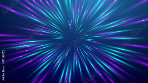 Futuristic burst of light rays with blue and purple hues