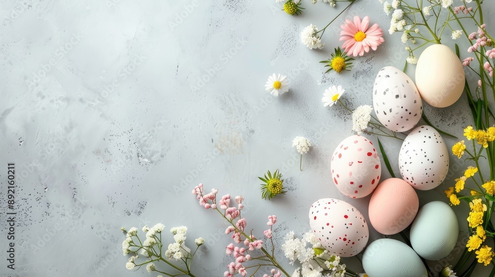 Easter themed flat lay with pastel gray background Easter themed flat lay with pastel gray background