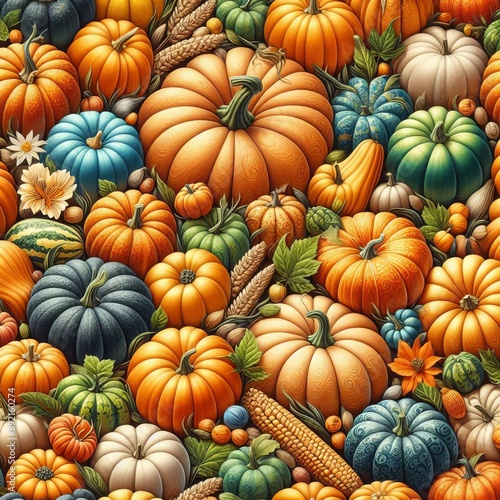 Seamless Halloween pattern featuring orange pumpkins with smiley faces