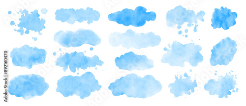Blue watercolor background. Set of watercolor stains , blots, clouds , washes for design.
