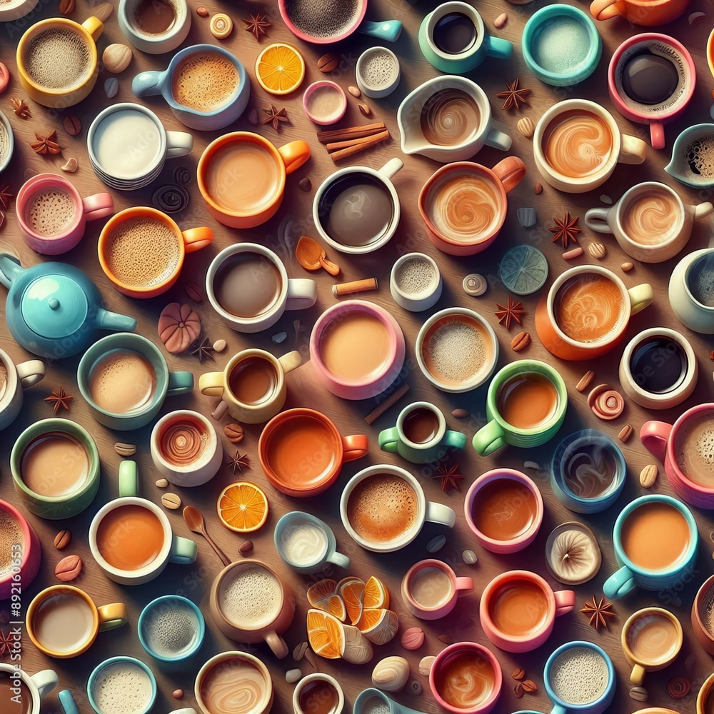 Close-up of hot chocolate glass and stack of cups with a metal seamless pattern design Close-up of hot chocolate glass and stack of cups with a metal seamless pattern design