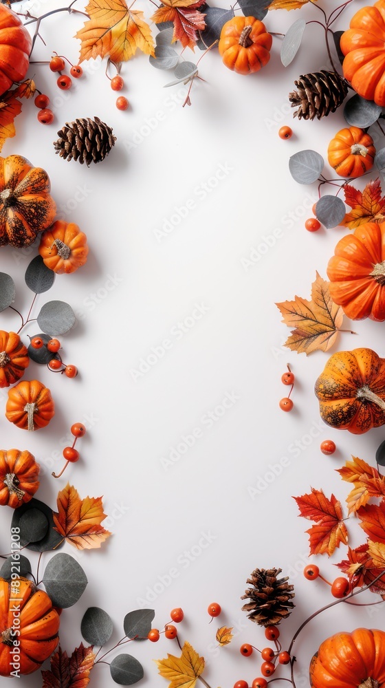 Obraz premium white space with a tiny little autumn decoration border only reaching in a litte, with pumpkins and maple leaves