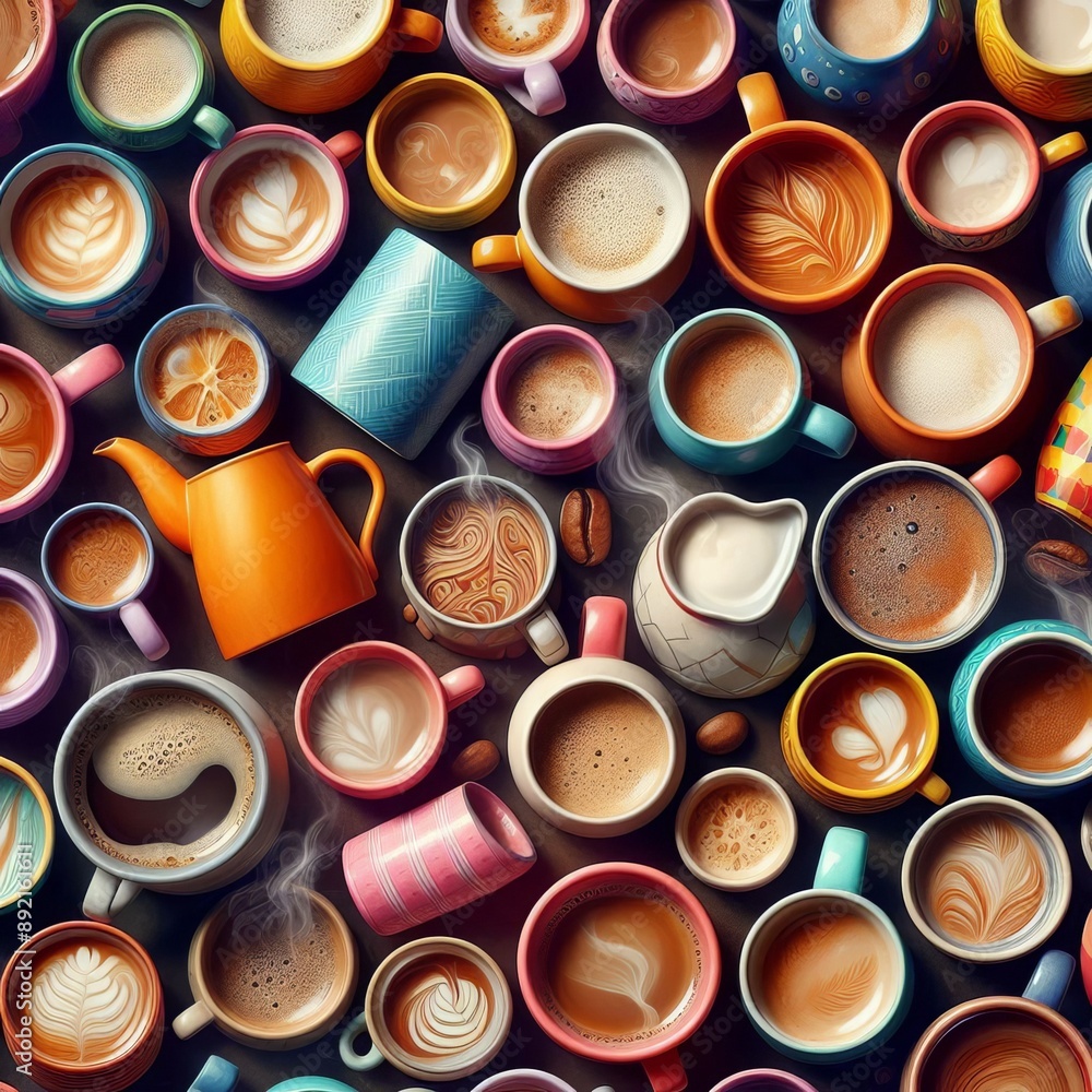 Close-up of hot chocolate glass and stack of cups with a metal seamless pattern design Close-up of hot chocolate glass and stack of cups with a metal seamless pattern design