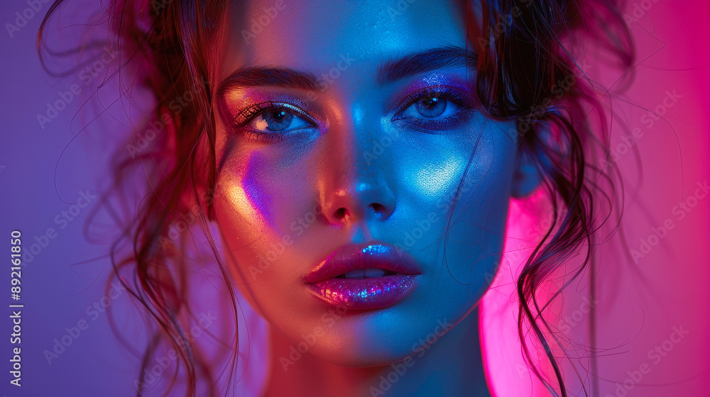 Fashion Model Brunette Woman in Neon Light Studio with Trendy Glowing Makeup and Metallic Silver Lips, Posing in Vivid Colorful Background Enhancing Beauty and Fashion Concept, Nighttime Vibrant Theme Fashion Model Brunette Woman in Neon Light Studio with Trendy Glowing Makeup and Metallic Silver Lips, Posing in Vivid Colorful Background Enhancing Beauty and Fashion Concept, Nighttime Vibrant Theme