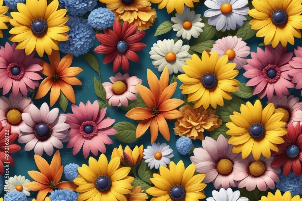 A vibrant floral seamless pattern with daisies and gerberas in pink yellow and purple perfect for spring and summer showcasing nature's beauty A vibrant floral seamless pattern with daisies and gerberas in pink yellow and purple perfect for spring and summer showcasing nature's beauty