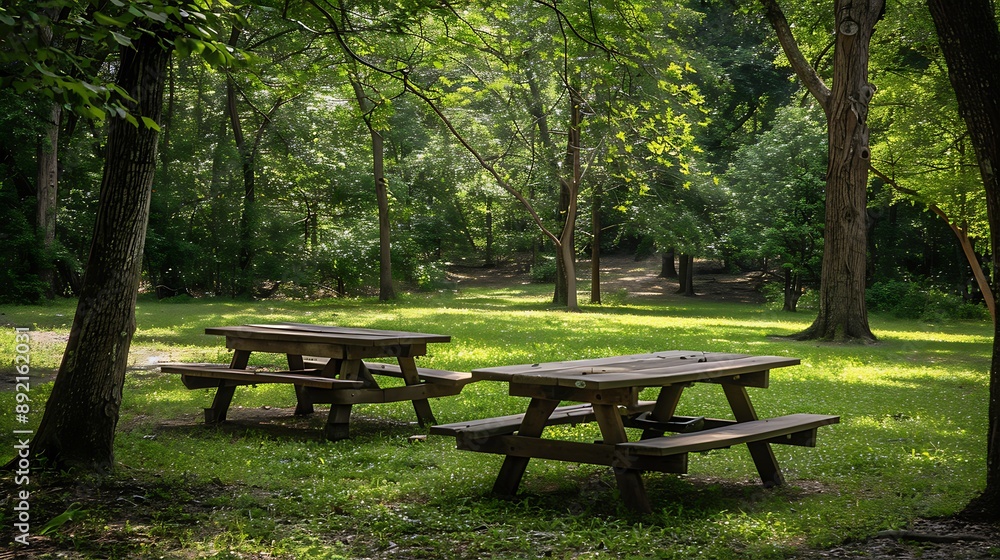 picnic site wooden table and benches outdoor in green forest park picnic site wooden table and benches outdoor in green forest park