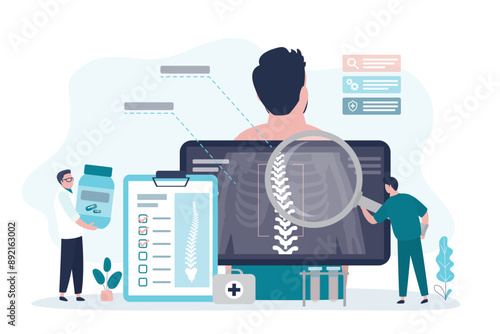 Spine pain research. Orthopedists examining x-rays of spine. Doctors looking for effective treatment for different degrees of scoliosis.