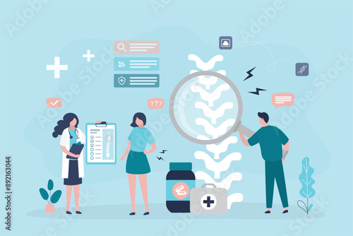 Spine pain research. Orthopedists examining spine. Doctors looking for effective treatment for different degrees of scoliosis. Specialists investigate causes of spinal problems.