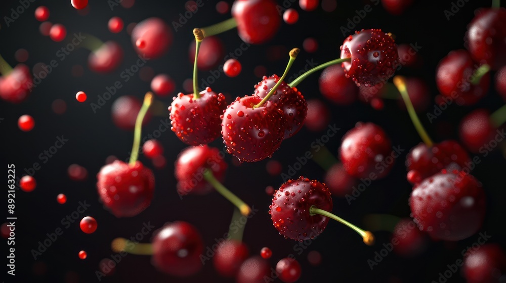 realistic floating composition of red cherry, shiny, black background studio realistic floating composition of red cherry, shiny, black background studio