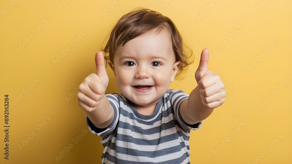 Happy Toddler Showing Thumbs Up on Yellow Background. Happy Toddler Showing Thumbs Up on Yellow Background.