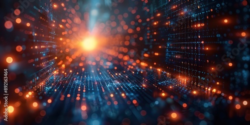 Digital Network with Binary Code and Glowing Lights