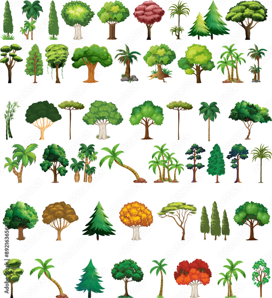 Collection of trees. Tree set isolated on white background. Vector illustration. Banana trees, charismas tree, beach tree. Collection of trees. Tree set isolated on white background. Vector illustration. Banana trees, charismas tree, beach tree.