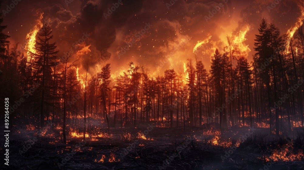 Dramatic scene of a forest fire in progress, highlighting the devastation and danger posed by wildfires Dramatic scene of a forest fire in progress, highlighting the devastation and danger posed by wildfires