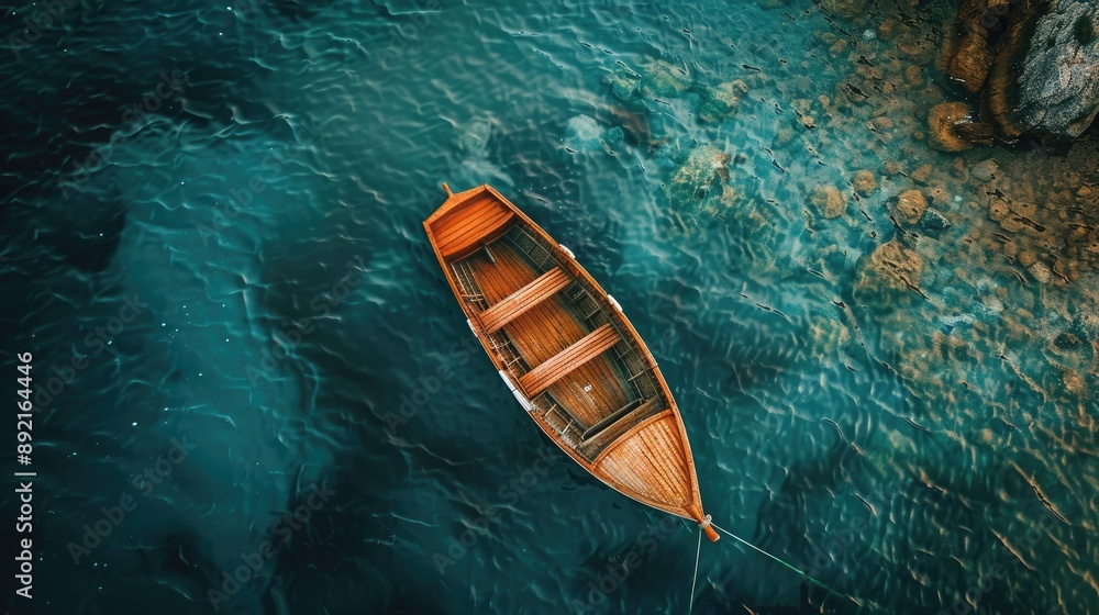 Aerial view of wooden boat at sea Holiday theme Aerial view of wooden boat at sea Holiday theme