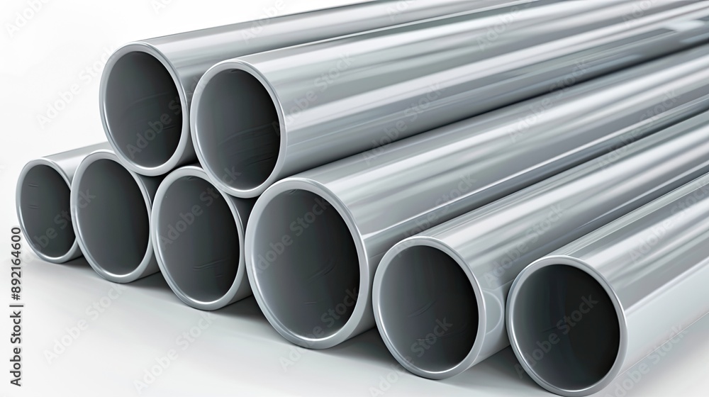 A stack of shiny gray pipes arranged in a neat formation. A stack of shiny gray pipes arranged in a neat formation.