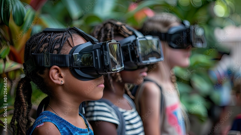 Kids participating in a virtual field trip, exploring historical landmarks through VR headsets Kids participating in a virtual field trip, exploring historical landmarks through VR headsets