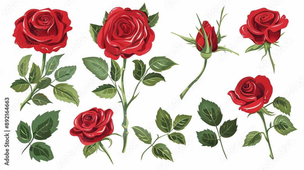 A collection of ornamental crimson flowers with foliage, depicted in an artwork. A collection of ornamental crimson flowers with foliage, depicted in an artwork.