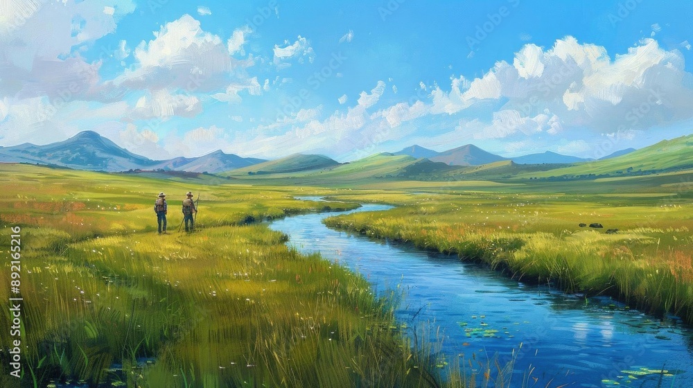 Group walking through a tranquil meadow with a meandering river, surrounded by rolling hills and distant mountains, the sky a vibrant blue Group walking through a tranquil meadow with a meandering river, surrounded by rolling hills and distant mountains, the sky a vibrant blue