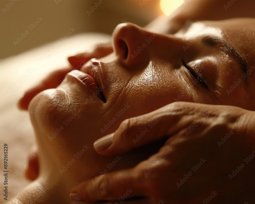 Hands applying facial massage, skin smooth and relaxed, focus on rejuvenation