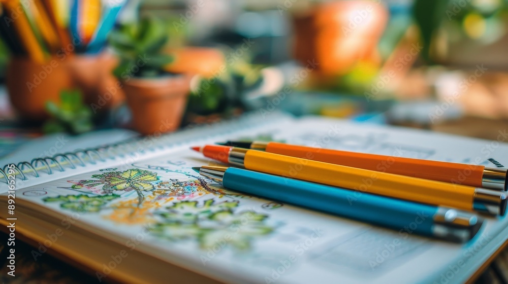 Designing a garden layout in a notebook with colorful pens Designing a garden layout in a notebook with colorful pens