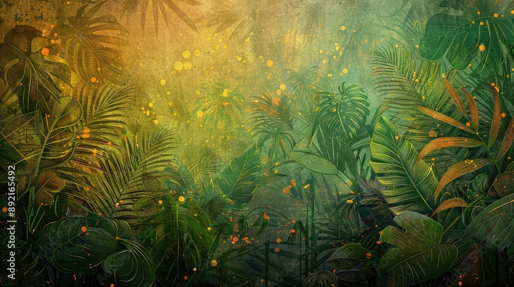Enchanting tropical jungle with light glimmers, depicted in an art drawing on a textured background, ideal for wallpaper Enchanting tropical jungle with light glimmers, depicted in an art drawing on a textured background, ideal for wallpaper