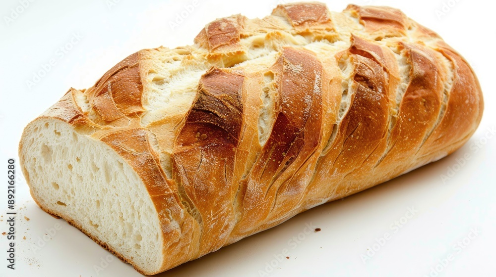 Freshly cut white bread loaf, close-up and isolated, ideal for food and bakery-themed images Freshly cut white bread loaf, close-up and isolated, ideal for food and bakery-themed images