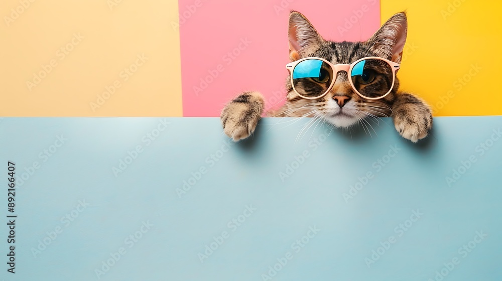 Fototapeta premium Pretty shorthair cat wearing sunglasses behind a blank white banner isolated on colorful background