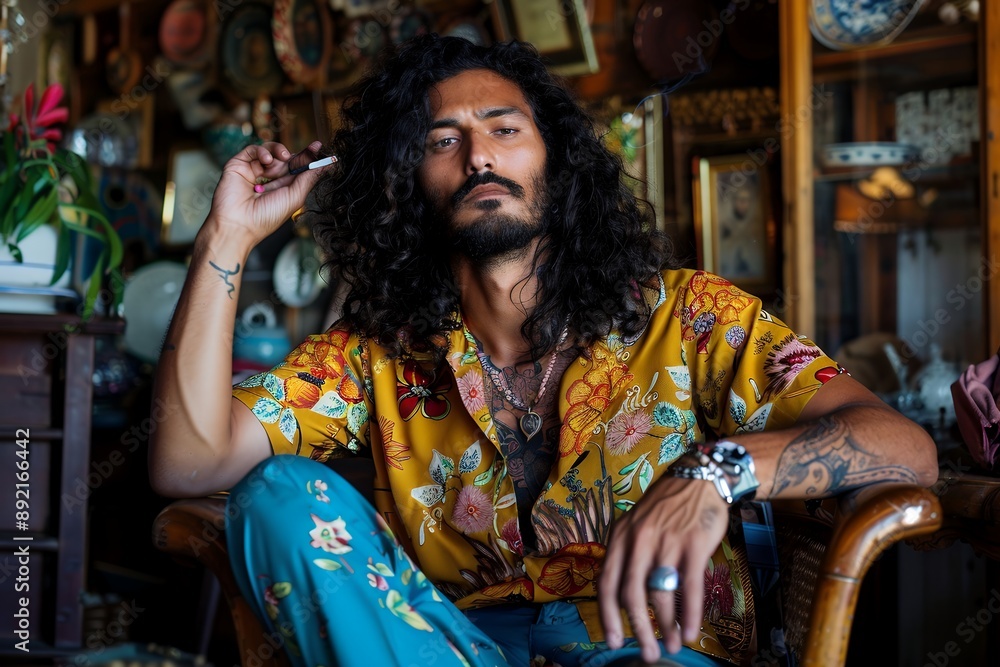 Obraz premium A handsome mixed race man with long curly hair and a beard, sitting in an antique store wearing a colorful shirt with a yellow floral pattern, smoking a cigarette, in a relaxed pose, looking up at the