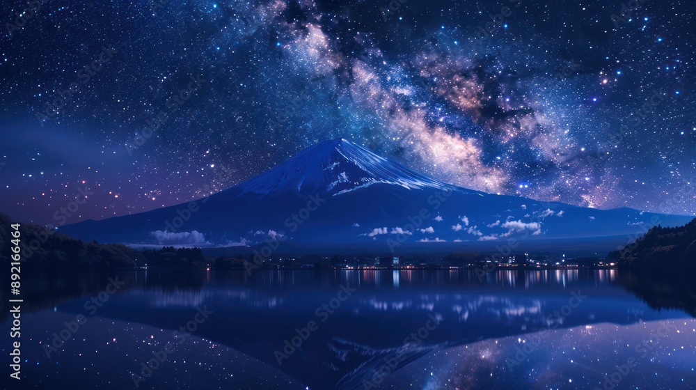 Naklejka premium beautiful Fuji moutain with Milky Way Galaxy background