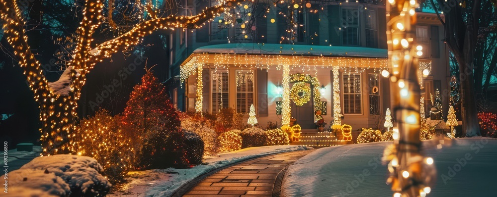 Obraz premium House adorned with festive Christmas lights and decorations.