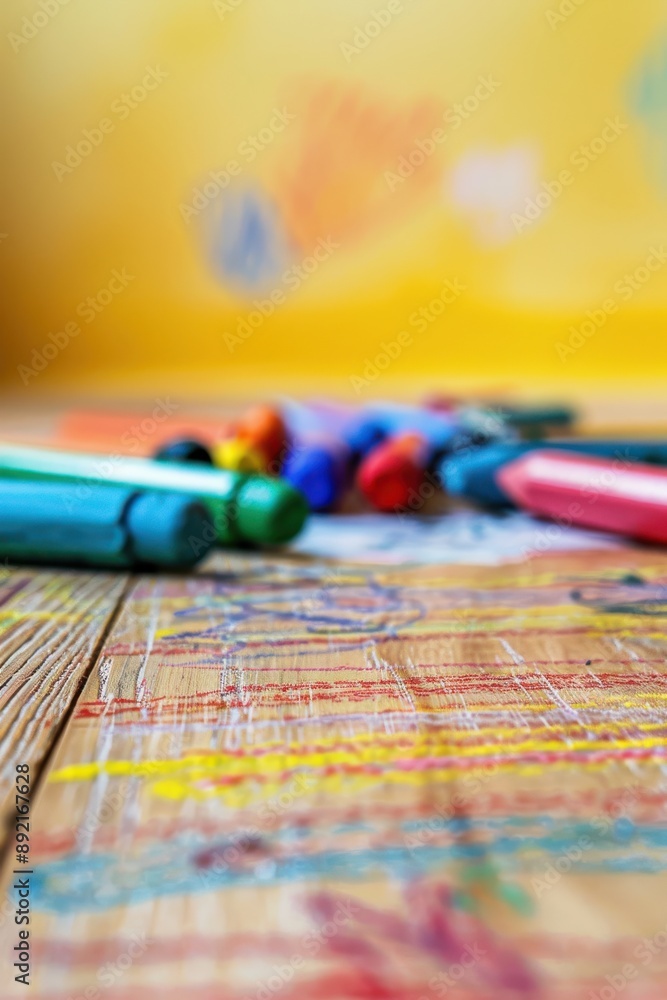 Fototapeta premium Crayons of different colors on the painted wooden floor on the fuzzy background of the room