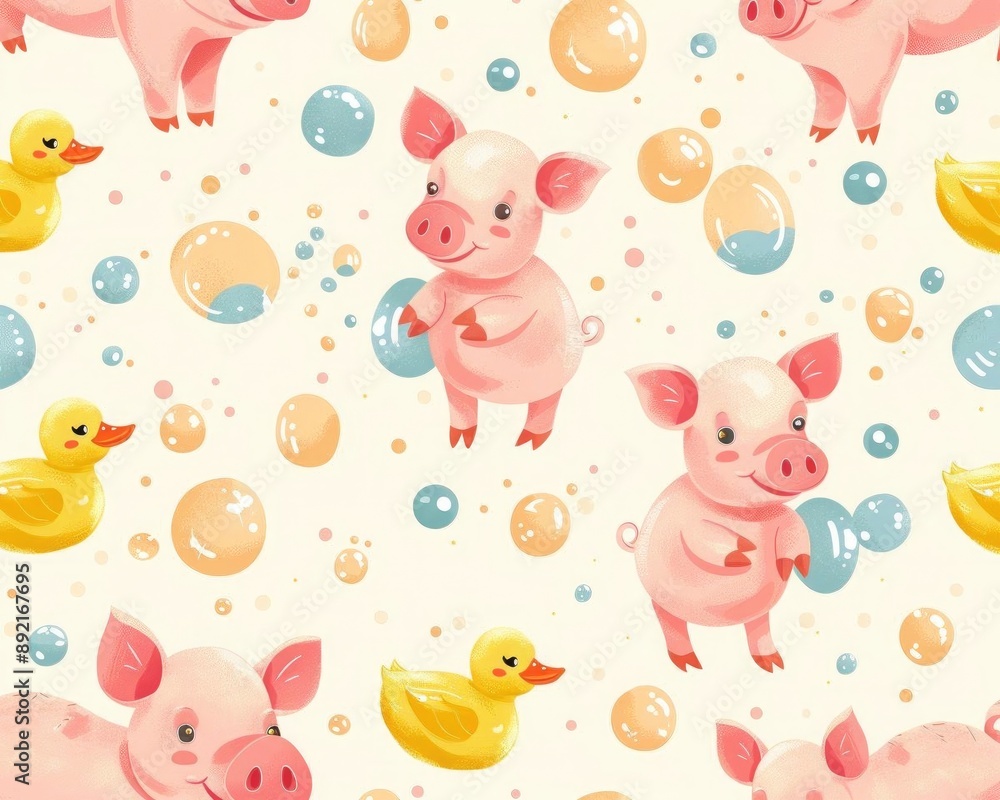 Cute pink cartoon pigs with bubbles and rubber duckies in a seamless pattern, creating a fun bath-time theme on a light cream background Cute pink cartoon pigs with bubbles and rubber duckies in a seamless pattern, creating a fun bath-time theme on a light cream background