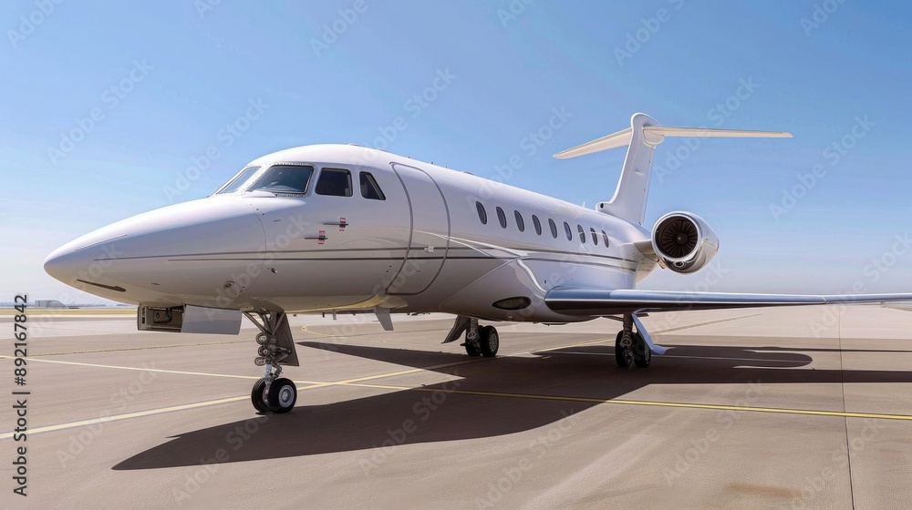 Fototapeta premium Corporate jet exterior on a runway, executives boarding, sleek and professional design, clear blue sky