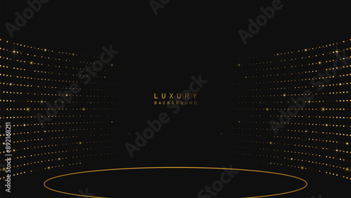 Luxury stage with glowing gold lighting effect and sparkle on black background. Luxury, premium, podium award vector design style