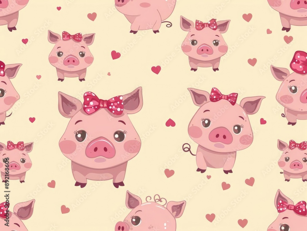 Charming pink cartoon pigs with bows and hats in a seamless pattern, set against a light yellow background for a whimsical look Charming pink cartoon pigs with bows and hats in a seamless pattern, set against a light yellow background for a whimsical look