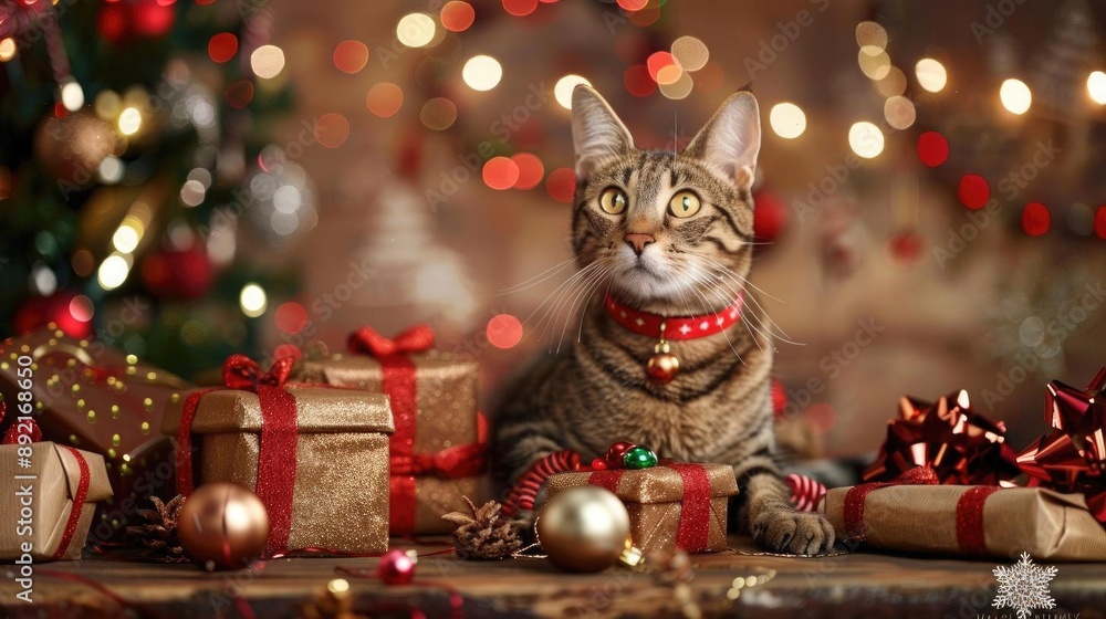 Cat with a festive collar, surrounded by Christmas gift boxes and decorations Cat with a festive collar, surrounded by Christmas gift boxes and decorations