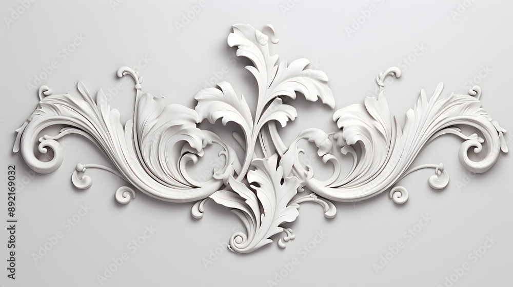 3D illustration of white decorative relief beautiful detailed ornament with acanthus leaves decoration in baroque style isolated on white background 3D illustration of white decorative relief beautiful detailed ornament with acanthus leaves decoration in baroque style isolated on white background