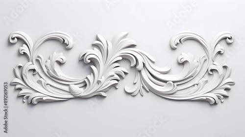 3D illustration of white decorative relief beautiful detailed ornament with acanthus leaves decoration in baroque style isolated on white background