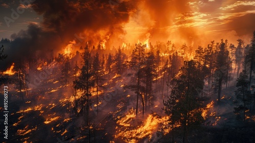 Intense forest fire in progress, capturing the destructive power of nature and the urgency of firefighting efforts © Lcs