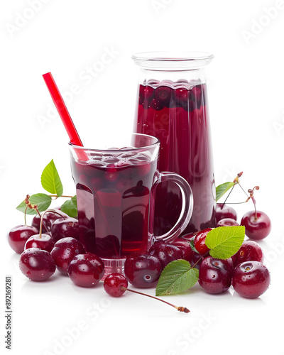 Cold summer cherry drink in a glass with a straw isolated on white background