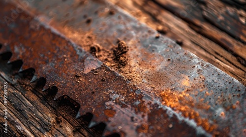 Close up photo of aged hand saw blade with teeth Antique tool picture