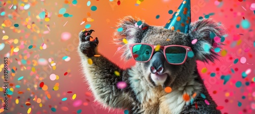 Festive Koala in Party Hat on blurred color background