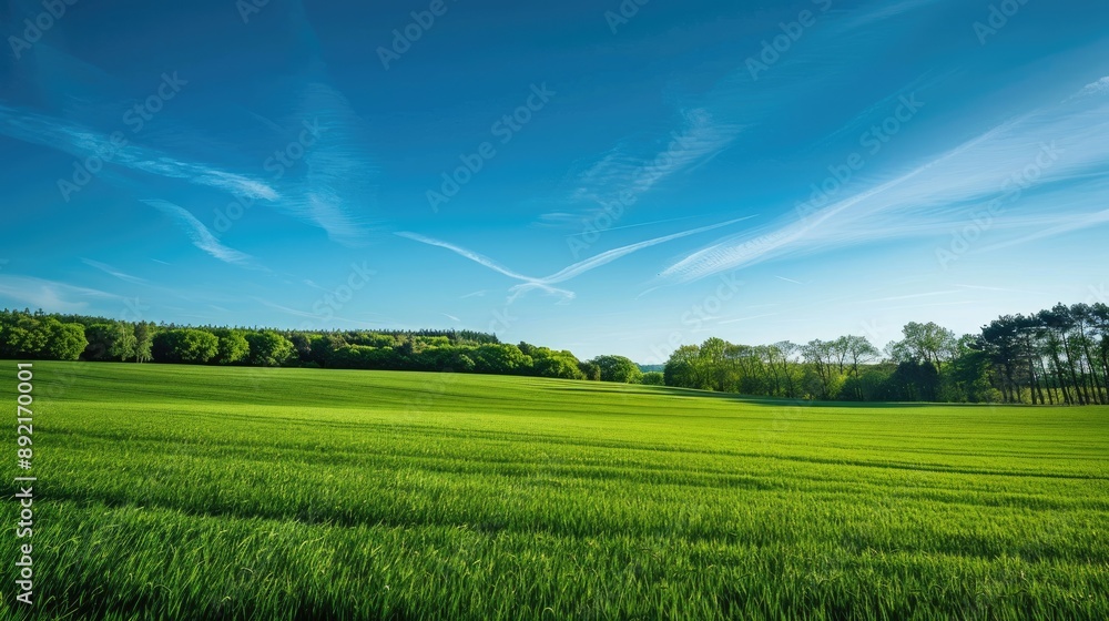 Fototapeta premium Lush green fields with a clear blue sky, offering a serene and idyllic landscape for wallpaper