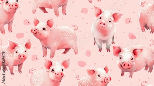 Adorable pink pig pattern with seamless design, featuring whimsical piglets in different poses on a soft pink background