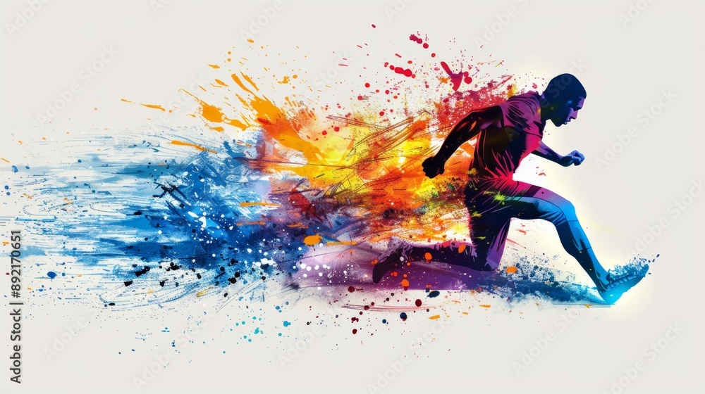 A man is running in a colorful splash of paint. Concept of energy and movement, as the man's legs are spread apart and he is in motion. The vibrant colors of the paint add to the dynamic A man is running in a colorful splash of paint. Concept of energy and movement, as the man's legs are spread apart and he is in motion. The vibrant colors of the paint add to the dynamic